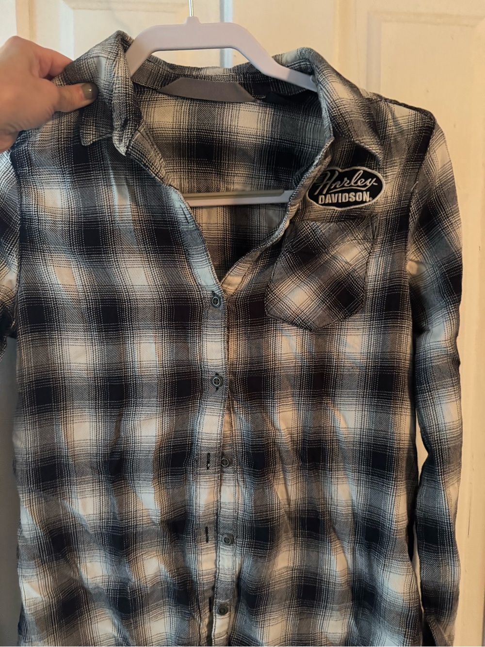 Harley-Davidson Black & White Plaid Button-Up Shirt with patches